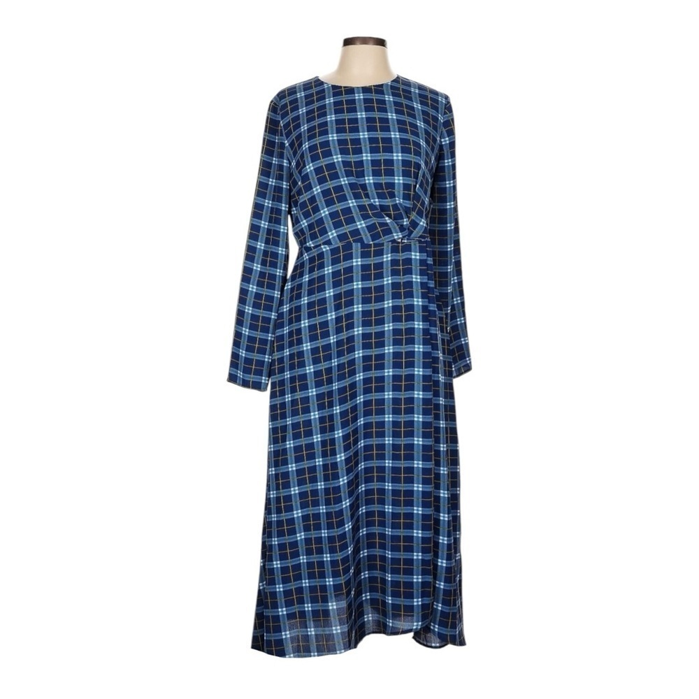 C/MEO Collective Plaid Maxi Dress L NWOT Blue Check Asymmetrical Wrap L/S